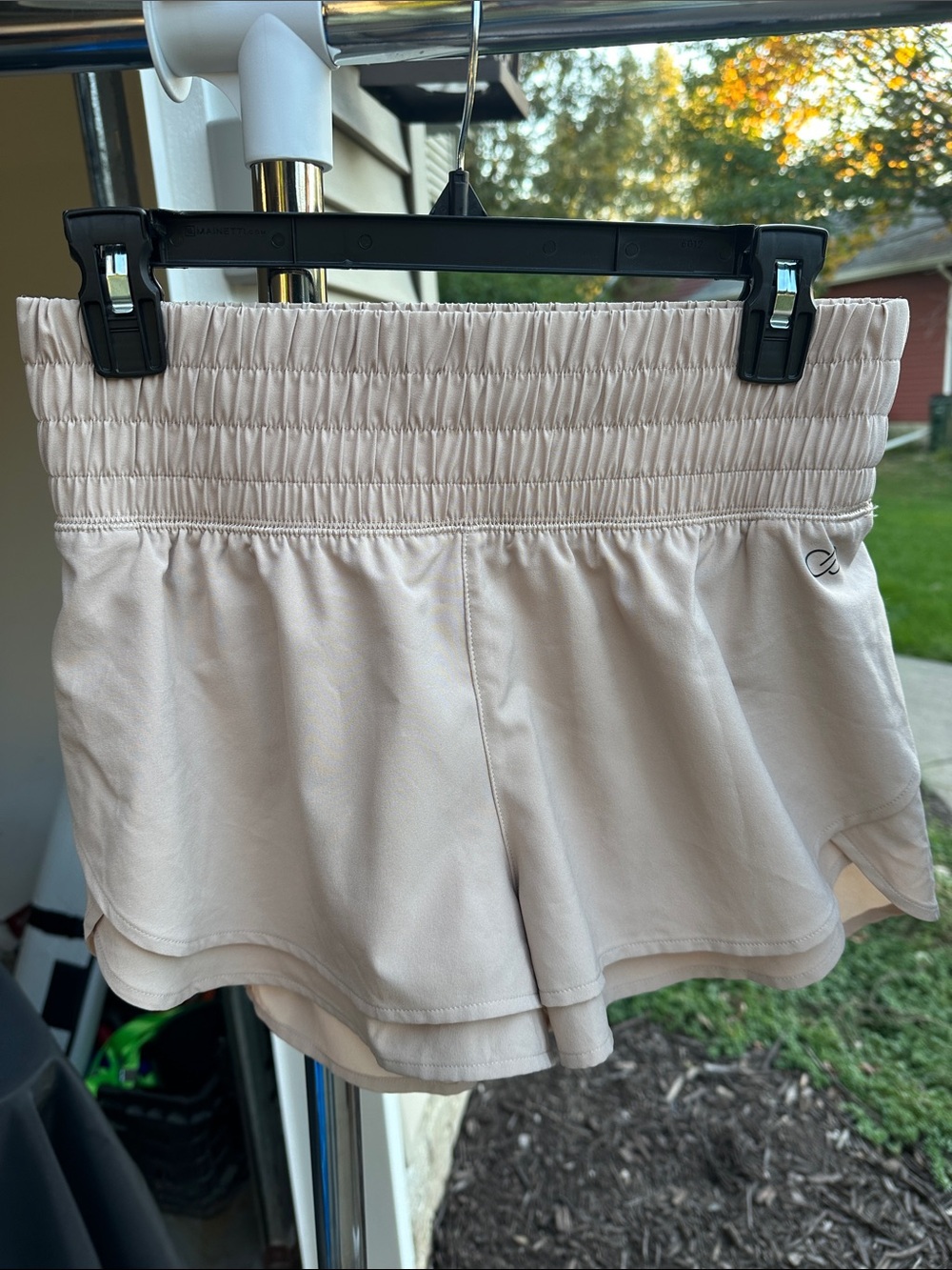 Women’s High-Rise Smocked Waist Lined Athletic Shorts - Light Beige